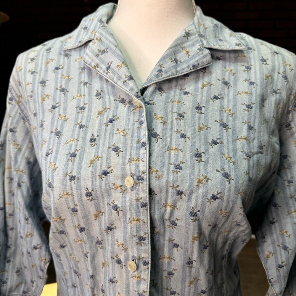 Liz Claiborne Lizwear Jeans Floral Chambray Button Down Shirt Large Cotton - Picture 2 of 7